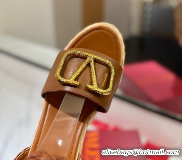 Best Grade Valentino VLogo Grainy Calfskin Wedge Sandals 9cm Brown/Gold 2025 VA082113