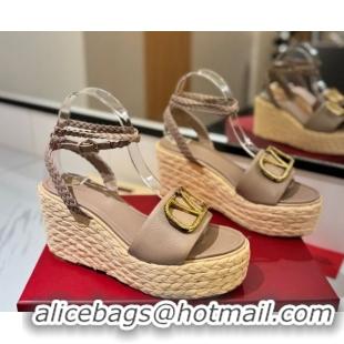 Unique Style Valentino VLogo Grainy Calfskin Wedge Sandals 9cm Dusty Beige 2025 VA082113 0821128