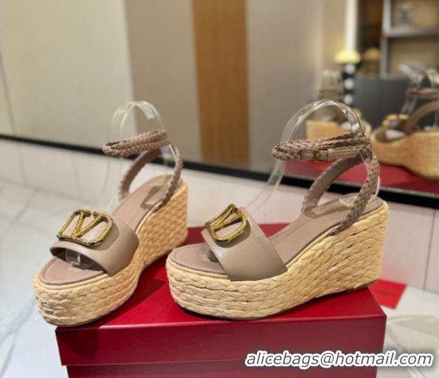 Unique Style Valentino VLogo Grainy Calfskin Wedge Sandals 9cm Dusty Beige 2025 VA082113 0821128