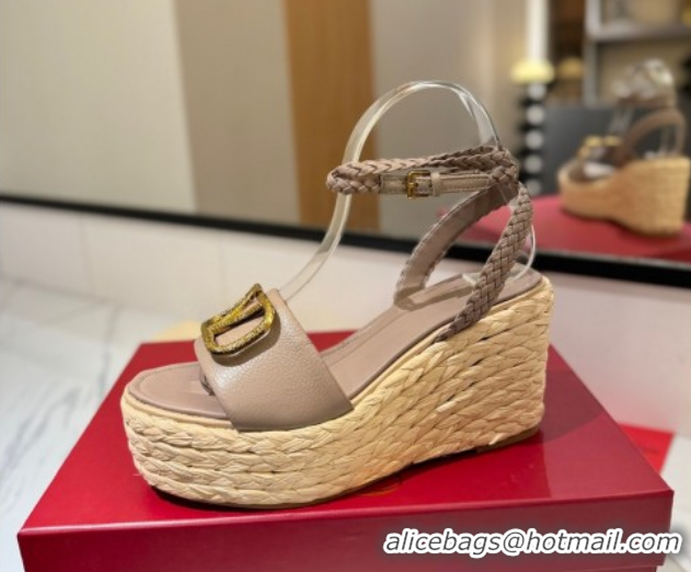 Unique Style Valentino VLogo Grainy Calfskin Wedge Sandals 9cm Dusty Beige 2025 VA082113 0821128