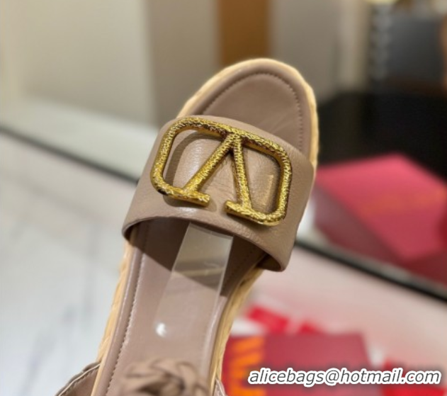 Unique Style Valentino VLogo Grainy Calfskin Wedge Sandals 9cm Dusty Beige 2025 VA082113 0821128