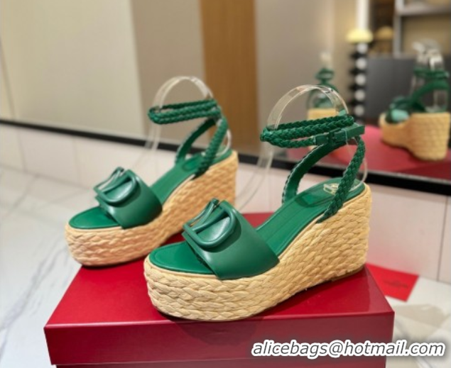 Good Looking Valentino VLogo Calfskin Leather Wedge Sandals 9cm Green 2025 VA082113 0821129