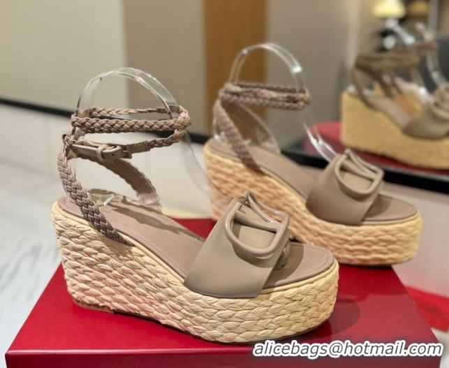 Lowest Price Valentino VLogo Calfskin Leather Wedge Sandals 9cm Dusty Beige 2025 VA082113 0821130