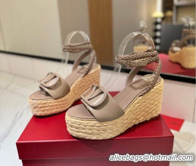 Lowest Price Valentino VLogo Calfskin Leather Wedge Sandals 9cm Dusty Beige 2025 VA082113 0821130