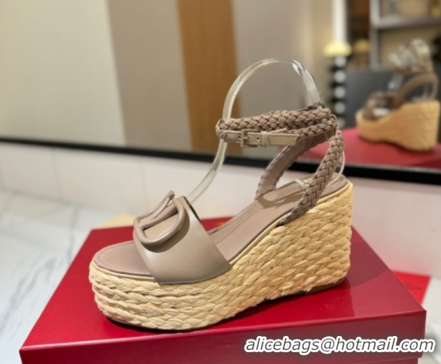 Lowest Price Valentino VLogo Calfskin Leather Wedge Sandals 9cm Dusty Beige 2025 VA082113 0821130