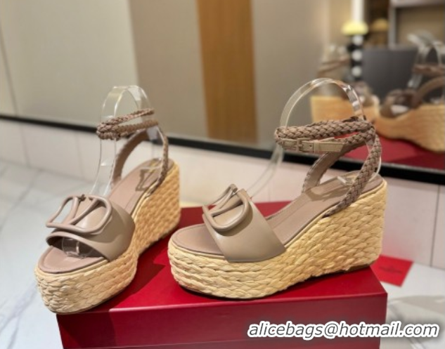 Lowest Price Valentino VLogo Calfskin Leather Wedge Sandals 9cm Dusty Beige 2025 VA082113 0821130
