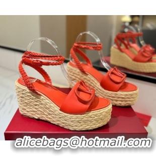 Top Grade Valentino VLogo Calfskin Leather Wedge Sandals 9cm Orange VA082113 0821131