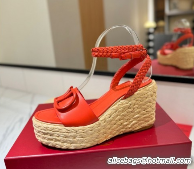 Top Grade Valentino VLogo Calfskin Leather Wedge Sandals 9cm Orange VA082113 0821131