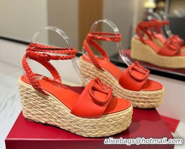 Top Grade Valentino VLogo Calfskin Leather Wedge Sandals 9cm Orange VA082113 0821131