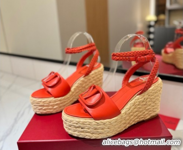 Top Grade Valentino VLogo Calfskin Leather Wedge Sandals 9cm Orange VA082113 0821131