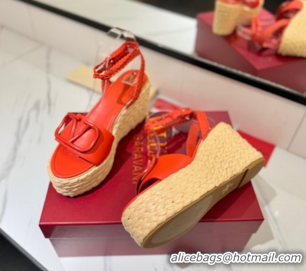 Top Grade Valentino VLogo Calfskin Leather Wedge Sandals 9cm Orange VA082113 0821131