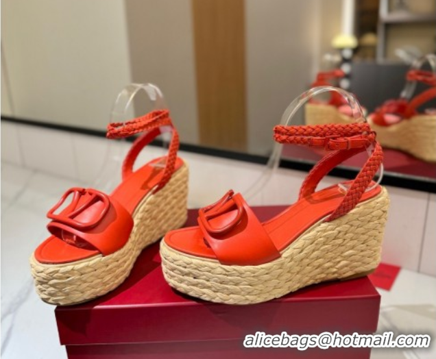 Top Grade Valentino VLogo Calfskin Leather Wedge Sandals 9cm Orange VA082113 0821131