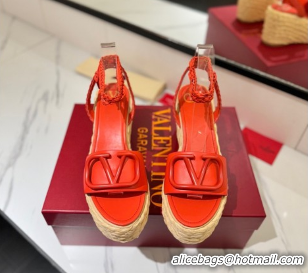 Top Grade Valentino VLogo Calfskin Leather Wedge Sandals 9cm Orange VA082113 0821131
