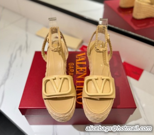 Low Price Valentino VLogo Calfskin Leather Wedge Sandals 9cm Yellow 2025 VA082113 0821132