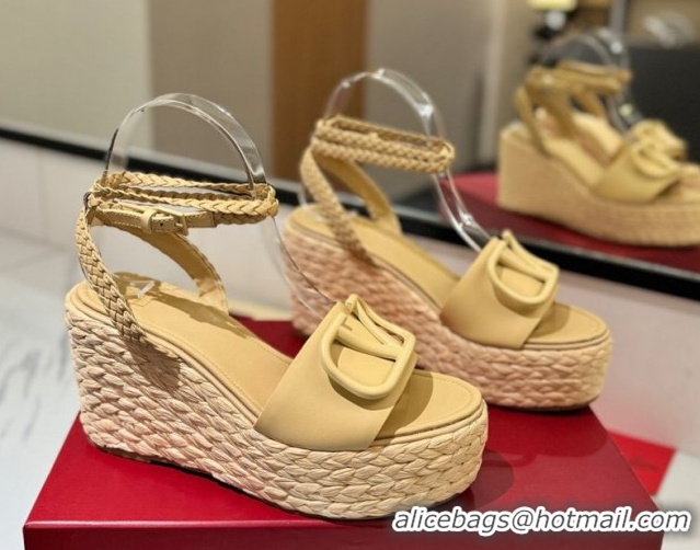 Low Price Valentino VLogo Calfskin Leather Wedge Sandals 9cm Yellow 2025 VA082113 0821132