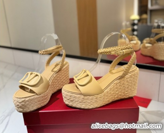 Low Price Valentino VLogo Calfskin Leather Wedge Sandals 9cm Yellow 2025 VA082113 0821132