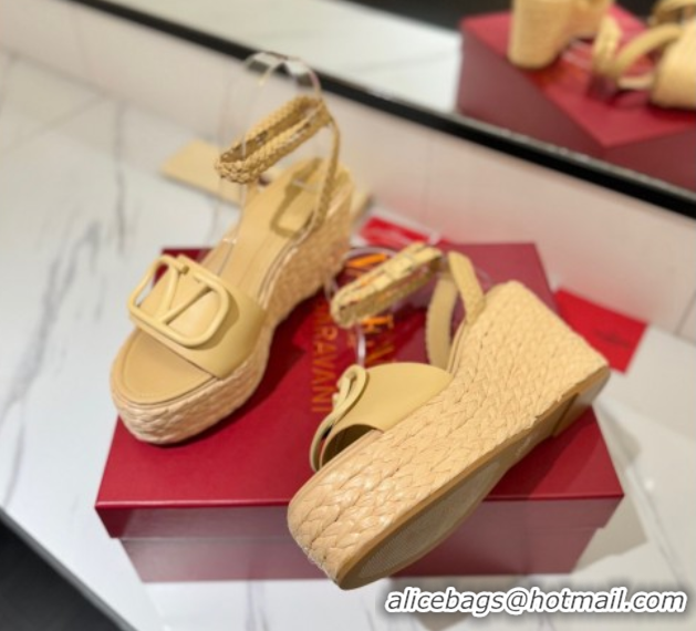 Low Price Valentino VLogo Calfskin Leather Wedge Sandals 9cm Yellow 2025 VA082113 0821132