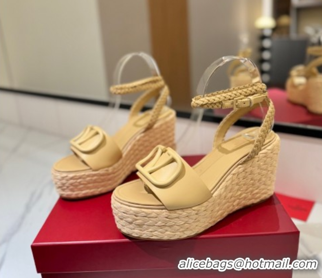 Low Price Valentino VLogo Calfskin Leather Wedge Sandals 9cm Yellow 2025 VA082113 0821132