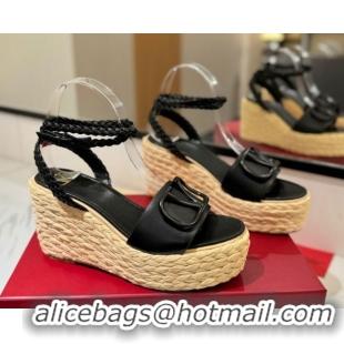 Fashion Valentino VLogo Calfskin Leather Wedge Sandals 9cm Black 2025 VA082113 0821133
