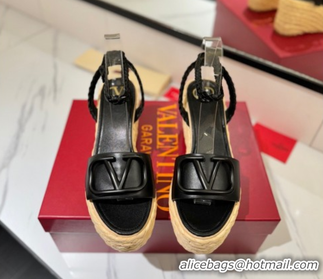 Fashion Valentino VLogo Calfskin Leather Wedge Sandals 9cm Black 2025 VA082113 0821133