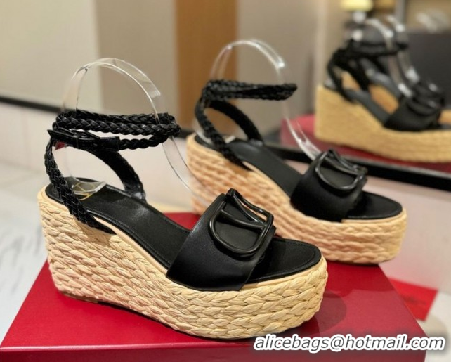 Fashion Valentino VLogo Calfskin Leather Wedge Sandals 9cm Black 2025 VA082113 0821133