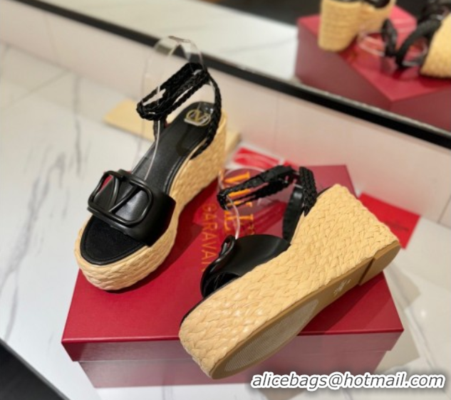 Fashion Valentino VLogo Calfskin Leather Wedge Sandals 9cm Black 2025 VA082113 0821133