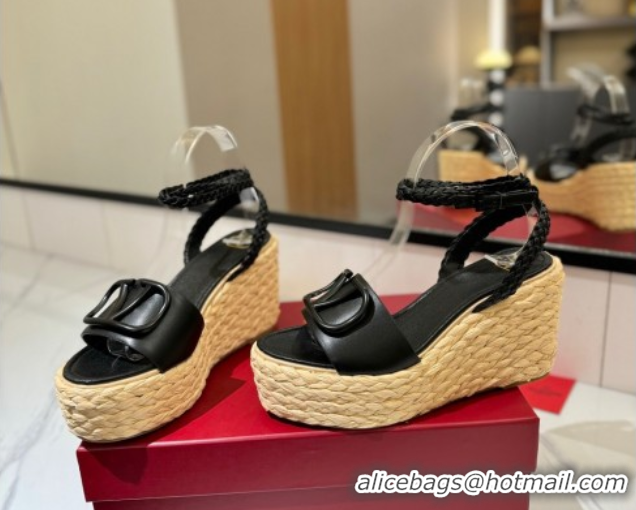 Fashion Valentino VLogo Calfskin Leather Wedge Sandals 9cm Black 2025 VA082113 0821133