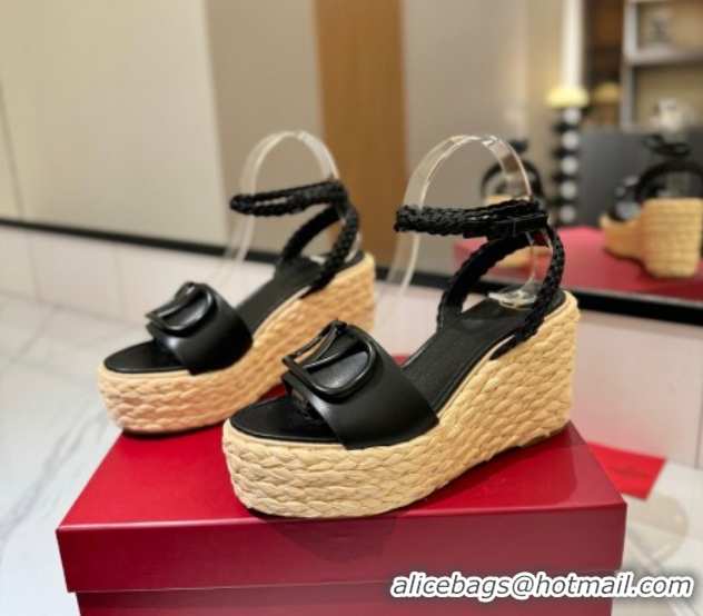 Fashion Valentino VLogo Calfskin Leather Wedge Sandals 9cm Black 2025 VA082113 0821133