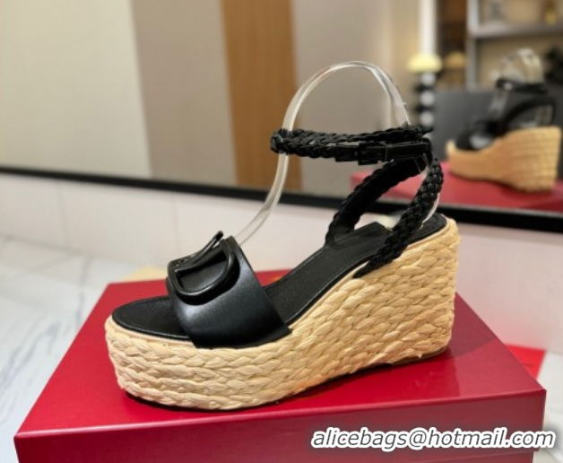 Fashion Valentino VLogo Calfskin Leather Wedge Sandals 9cm Black 2025 VA082113 0821133