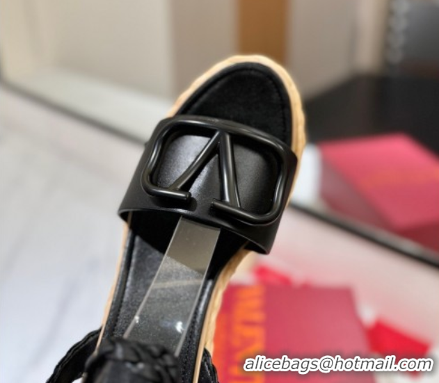 Fashion Valentino VLogo Calfskin Leather Wedge Sandals 9cm Black 2025 VA082113 0821133