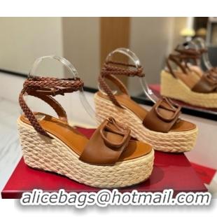 Best Price Valentino VLogo Calfskin Leather Wedge Sandals 9cm Brown 2025 VA082113 0821134