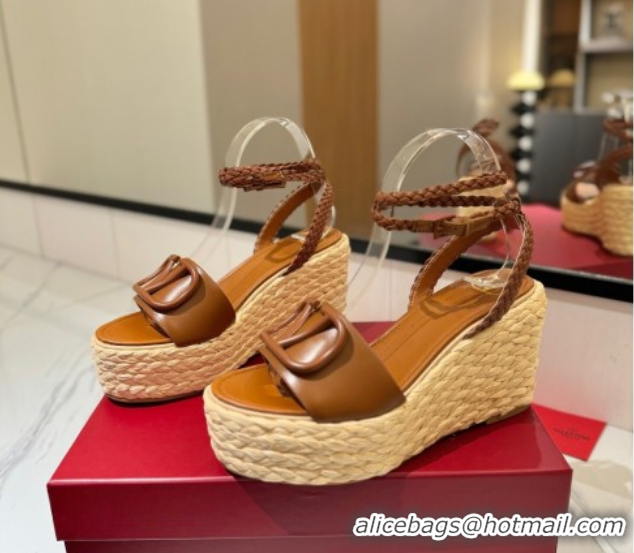 Best Price Valentino VLogo Calfskin Leather Wedge Sandals 9cm Brown 2025 VA082113 0821134