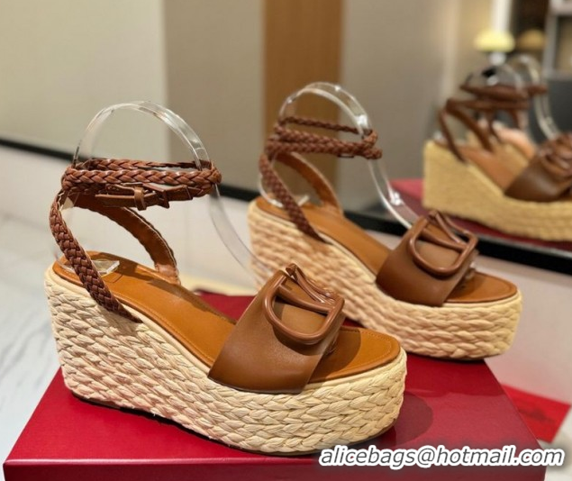 Best Price Valentino VLogo Calfskin Leather Wedge Sandals 9cm Brown 2025 VA082113 0821134