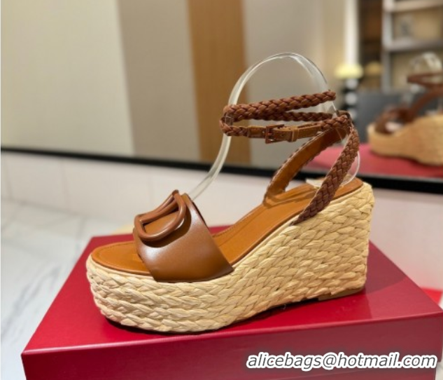 Best Price Valentino VLogo Calfskin Leather Wedge Sandals 9cm Brown 2025 VA082113 0821134