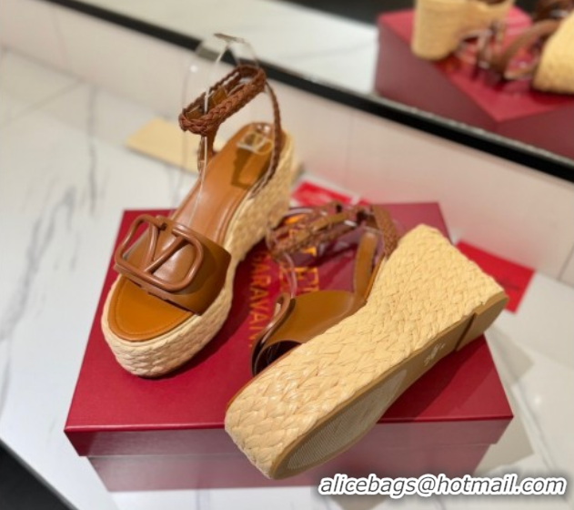 Best Price Valentino VLogo Calfskin Leather Wedge Sandals 9cm Brown 2025 VA082113 0821134