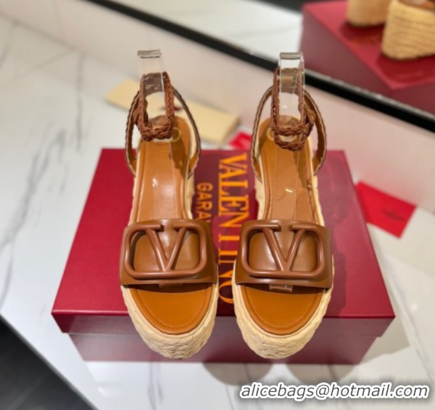 Best Price Valentino VLogo Calfskin Leather Wedge Sandals 9cm Brown 2025 VA082113 0821134