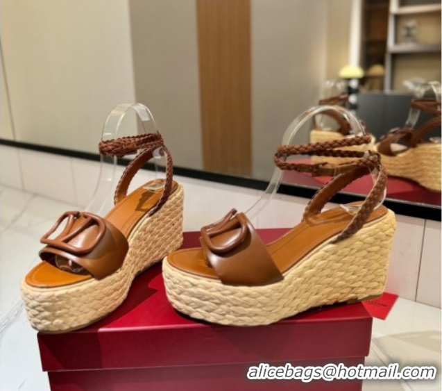 Best Price Valentino VLogo Calfskin Leather Wedge Sandals 9cm Brown 2025 VA082113 0821134