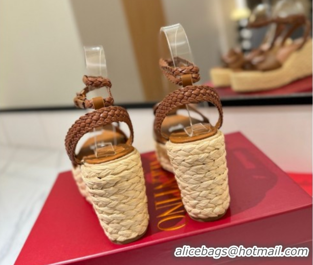Best Price Valentino VLogo Calfskin Leather Wedge Sandals 9cm Brown 2025 VA082113 0821134