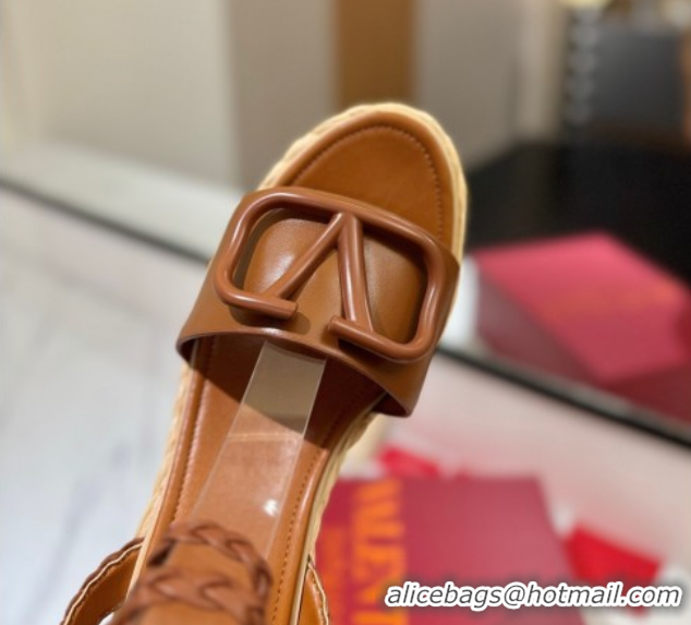 Best Price Valentino VLogo Calfskin Leather Wedge Sandals 9cm Brown 2025 VA082113 0821134