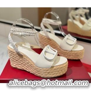 Discount Valentino VLogo Calfskin Leather Wedge Sandals 9cm White 2025 VA082113 0821135