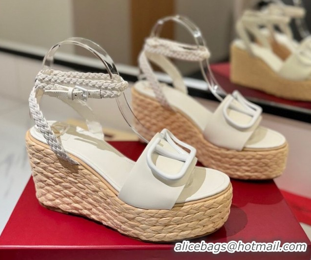 Discount Valentino VLogo Calfskin Leather Wedge Sandals 9cm White 2025 VA082113 0821135