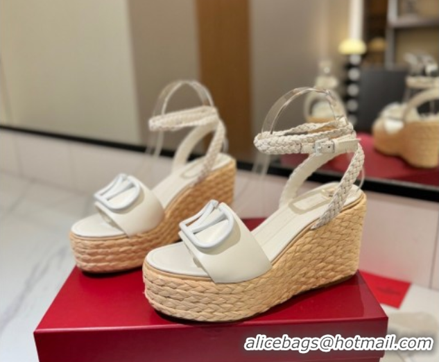 Discount Valentino VLogo Calfskin Leather Wedge Sandals 9cm White 2025 VA082113 0821135