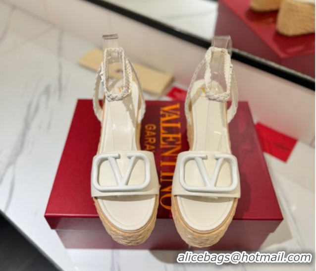 Discount Valentino VLogo Calfskin Leather Wedge Sandals 9cm White 2025 VA082113 0821135