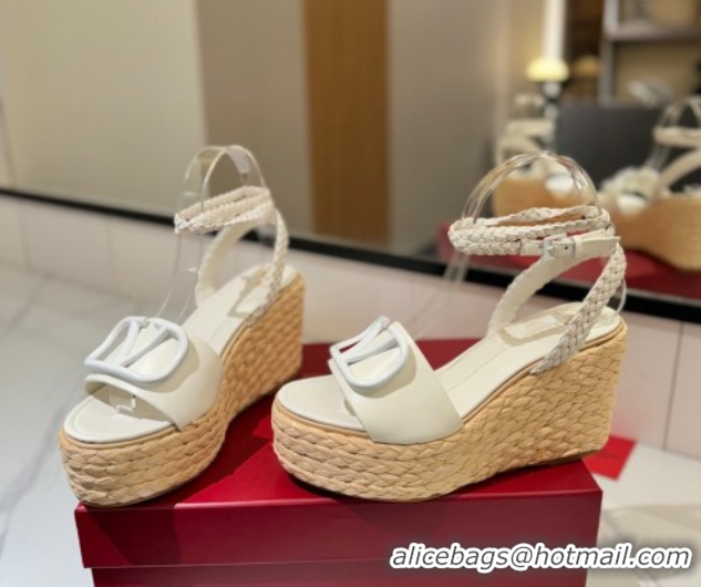 Discount Valentino VLogo Calfskin Leather Wedge Sandals 9cm White 2025 VA082113 0821135