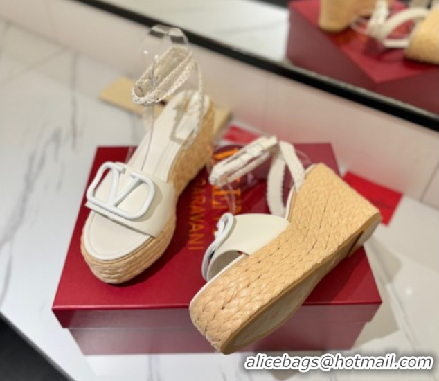 Discount Valentino VLogo Calfskin Leather Wedge Sandals 9cm White 2025 VA082113 0821135