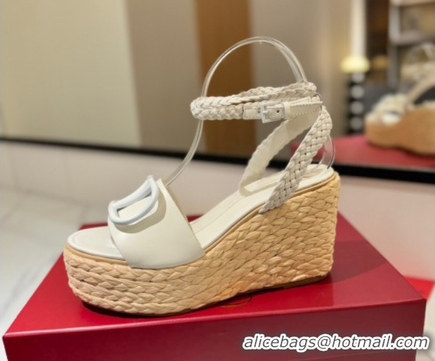 Discount Valentino VLogo Calfskin Leather Wedge Sandals 9cm White 2025 VA082113 0821135