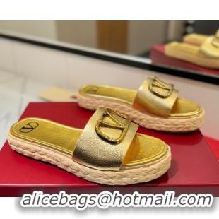 Top Design Valentino VLogo Grainy Calfskin Flat Slides Sandal Gold-Tone 2025 VA082114 0821136