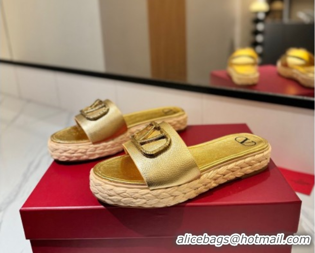 Top Design Valentino VLogo Grainy Calfskin Flat Slides Sandal Gold-Tone 2025 VA082114 0821136