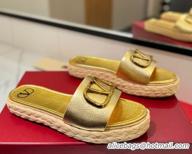 Top Design Valentino VLogo Grainy Calfskin Flat Slides Sandal Gold-Tone 2025 VA082114 0821136