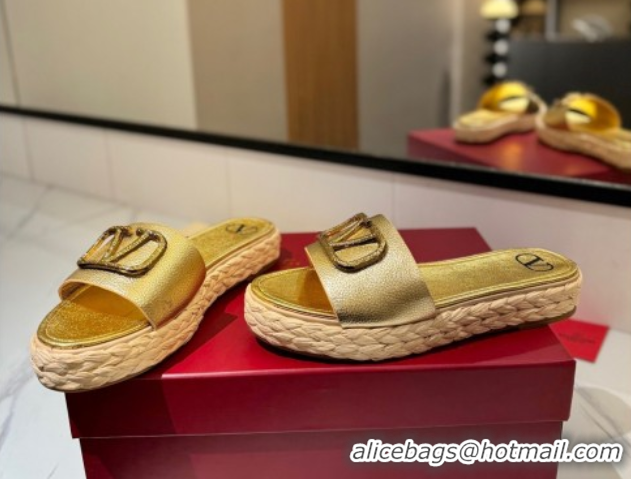 Top Design Valentino VLogo Grainy Calfskin Flat Slides Sandal Gold-Tone 2025 VA082114 0821136